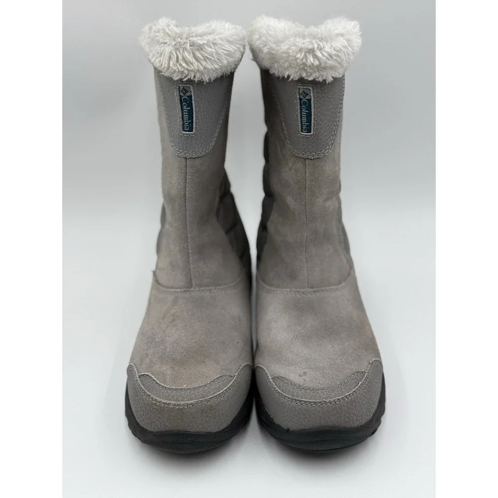 Columbia Ice Maiden II Gray Suede/Fabric Faux Fur Trim‎ Slip-On Snow Boots 5.5